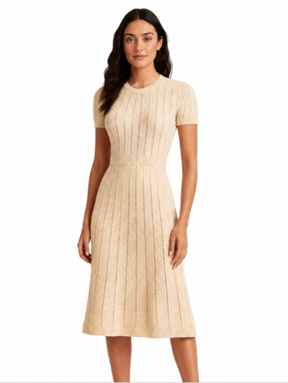 Zoe & Claire Cream Fit & Flare Short Sleeve Midi Sweater Dress